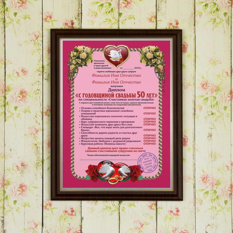 Подарочный диплом (плакетка) *С годовщиной свадьбы 50 лет*