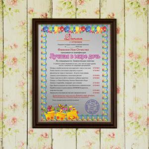 Подарочный диплом (плакетка) *Лучшая в мире дочь*