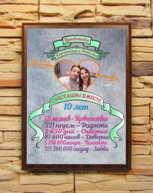Подарочный диплом (плакетка) Счастливы Вместе 10 лет